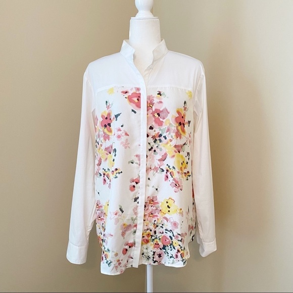 Worth Watercolor Floral Silk Stand Collar Blouse - Picture 1 of 13